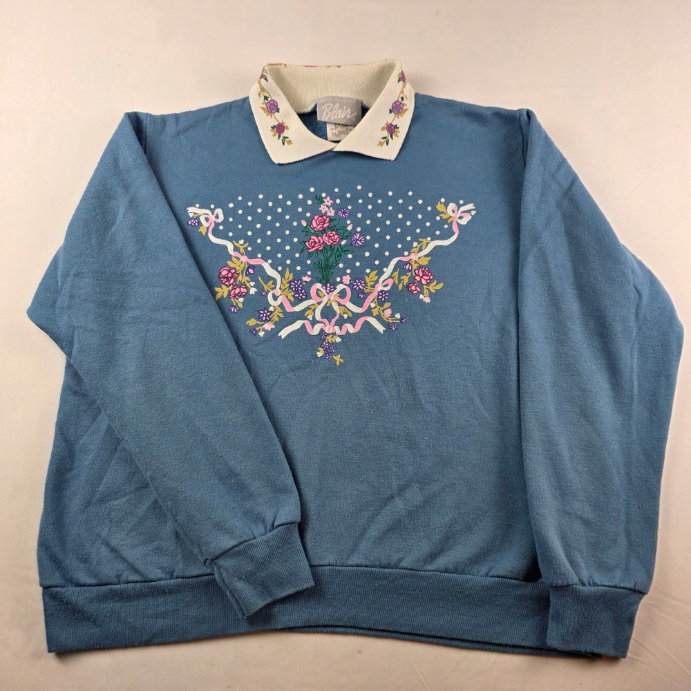 Blair Medium Blue Floral Embroidered Collar Sweatshirt Vintage Pullover Top